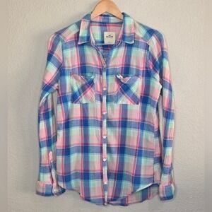 Hollister Blue Ladies Plaid Button-Up Casual Western Style‎ Shirt Spring Pink